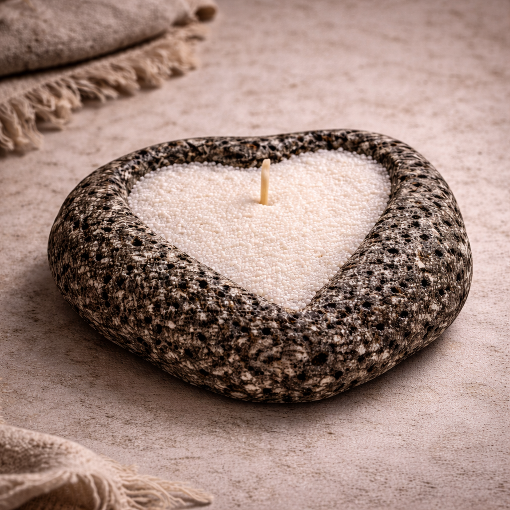 Handmade Icelandic Lava Stone Heart Candle - Refillable Sand Wax Candle