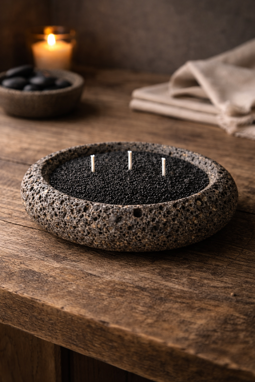 Large Handmade Icelandic Lava Stone Candle - Refillable Sand Wax Candle