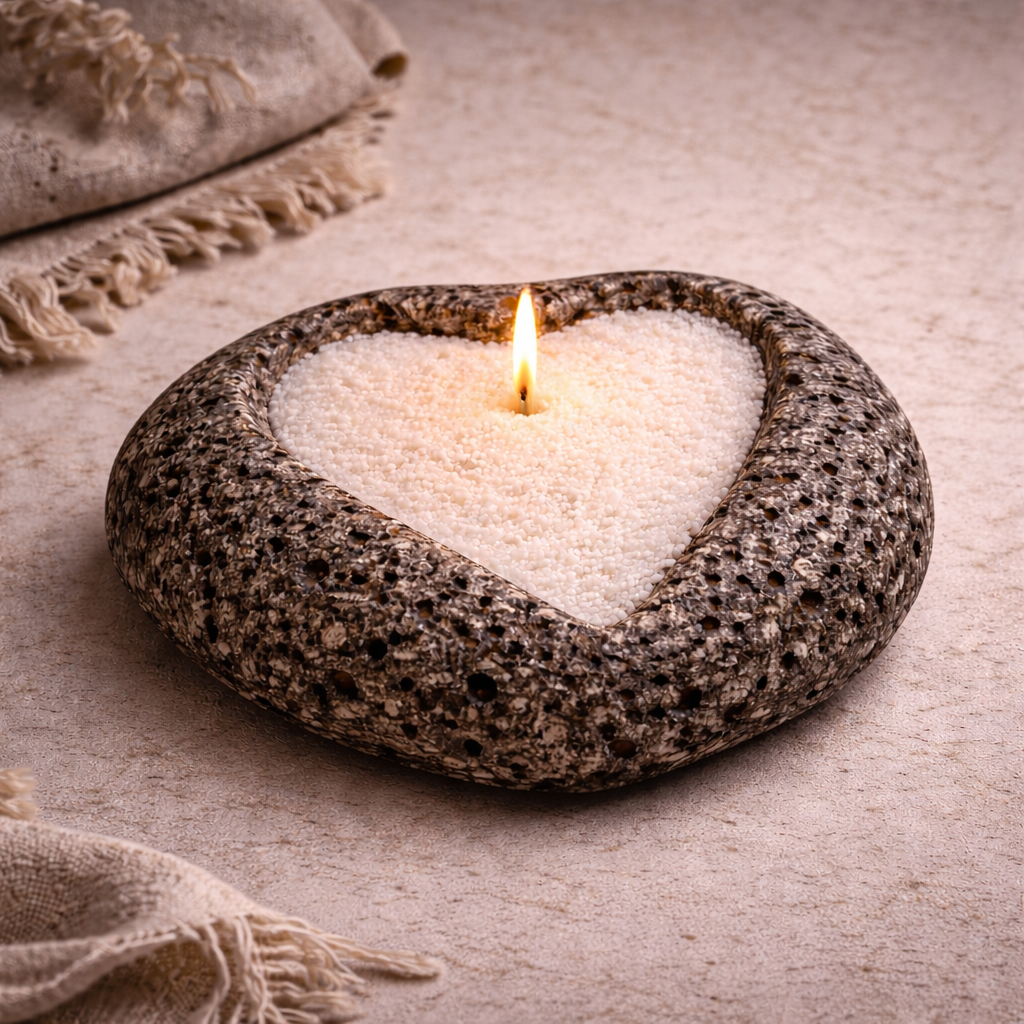 Handmade Icelandic Lava Stone Heart Candle - Refillable Sand Wax Candle